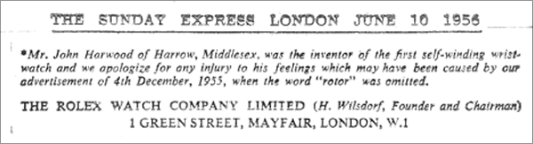 The Rolex apology to Harwood in 1956