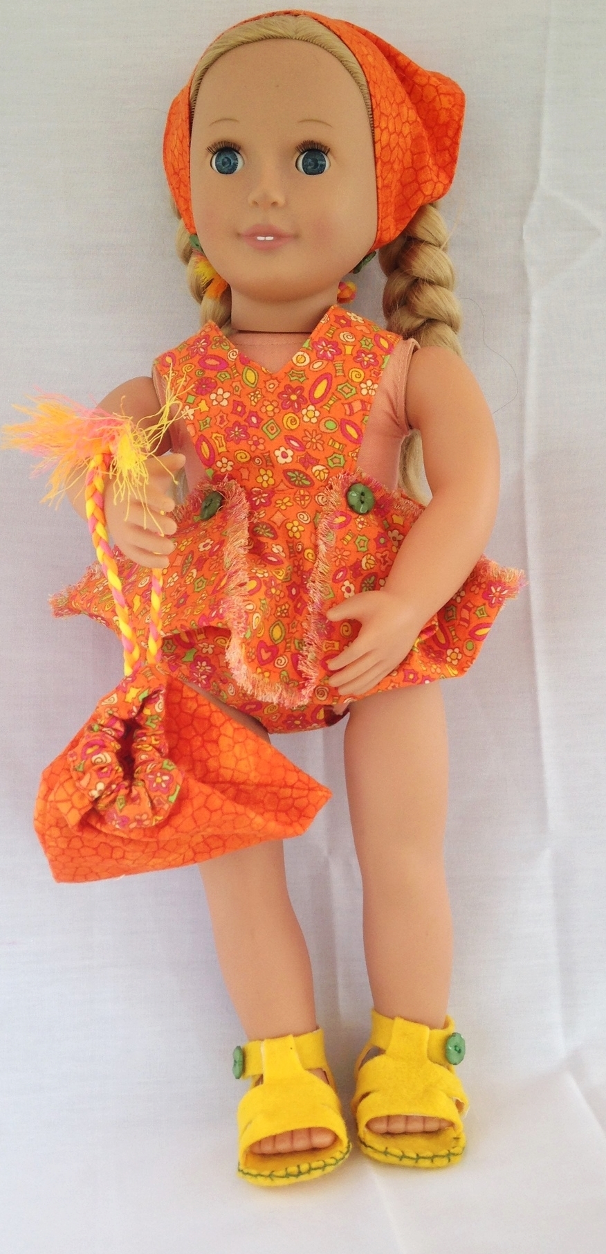 Vintage Pattern McCalls 1825 cute little romper with beach bag, head scarf and sandals for 18' doll. Fits American Girl and 18' Shirley Temple.