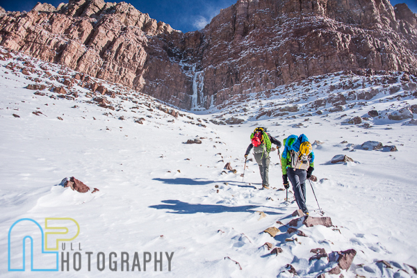 The slog up the talus with our route directly above.
