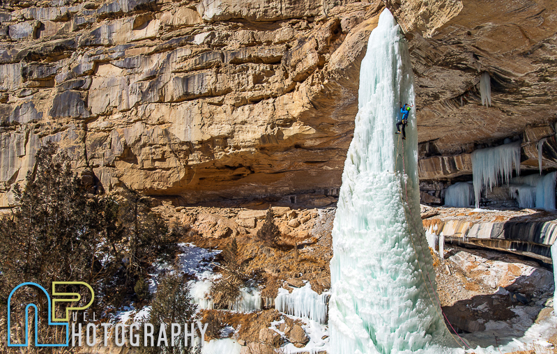 Nikki Smith working up the Spear of Fear. The sunny section to the left would have been much easier but was so sun rotted that the only climbable line was the shade line.