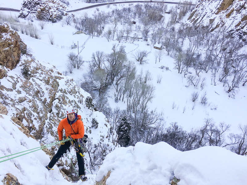 Nikki Smith rapping off the top of P1, Storm Mountain Falls . Photo ©Tom Adams