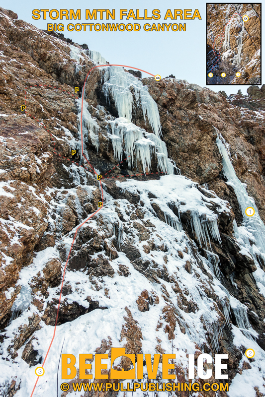 #3. Storm Mountain Falls - Left Chimney WI4 M4 * 160'. Singles to #3 and screws. FA: Unknown #2. Storm Left WI4 M4 * #1. Storm Mountain Falls WI4+ ***