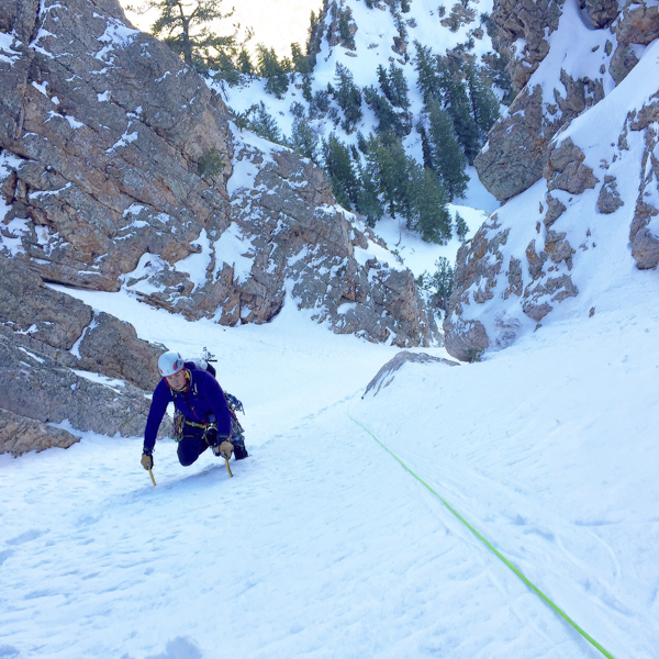 Booting up while Jake drags the ropes. This photos shows the steepness of the snow. Falling would not be good…