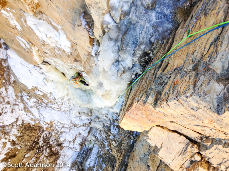 Angela VanWiemeersch following the second pitch on the first ascent of The One Who Knocks.