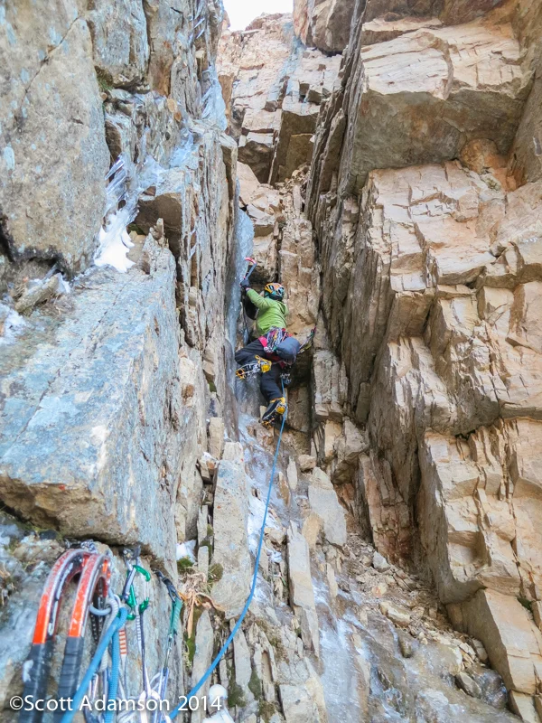 Angela Van Wiemeersch on the second pitch of Golden Spike (345’, WI4 M5 R) on Reids Peak in the Uinta Mountains.