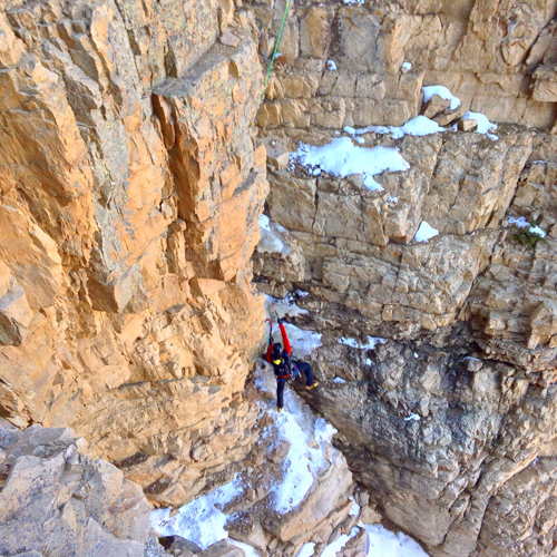 Jake Hirschi starting on the first ascent of Richochet Rabbit.