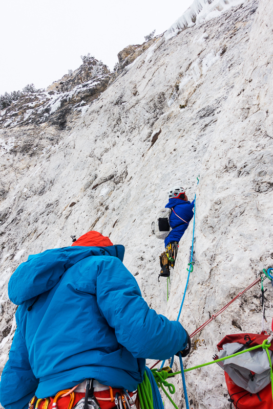 Nikki Smith on pitch 3 on the first ascent of Ice Giants.
