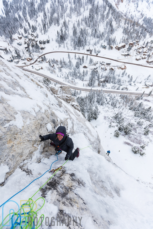 Jewell Lund on pitch 3 on the first ascent of Ice Giants. Psyched to have the Grivel Twingate draw on that bolt to protect the 40' fall to the slab below.