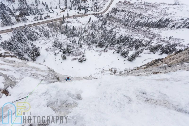Tom Adams on pitch 3 on the first ascent of Ice Giants.