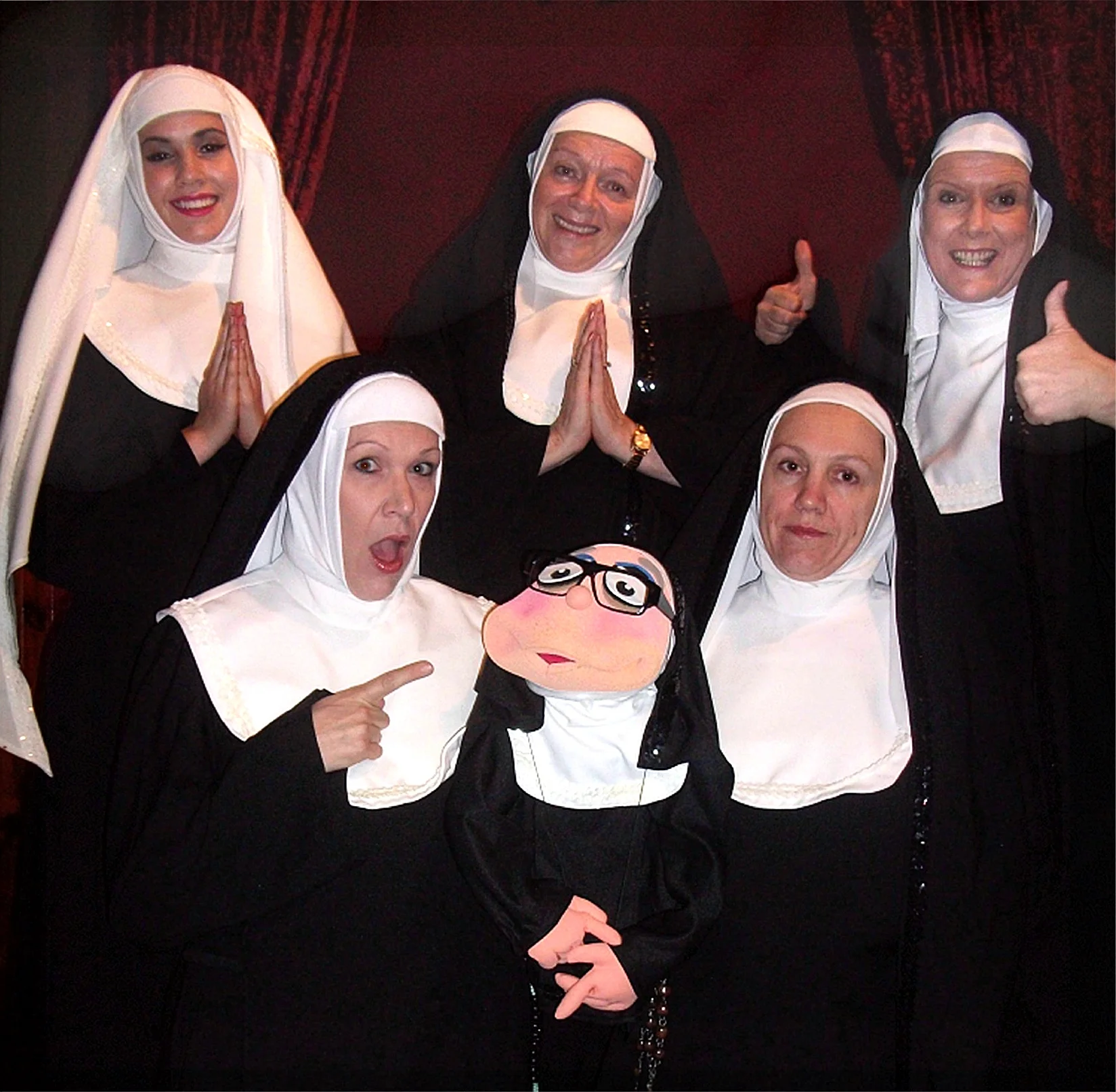 Mahalia Bowles, left, Jen Edwards, Shelley McGinn, Jane Anderson and Alida Chaney – and puppet Sister Marion-ette – are appearing in Nunsense II: The Second Coming this June.
