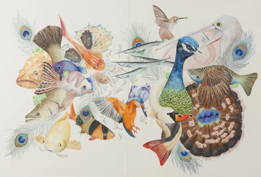 Kartika Zhuang, Corpus Christi College, Coexistence 2014, watercolour pencil on board, 129 x 97 cm