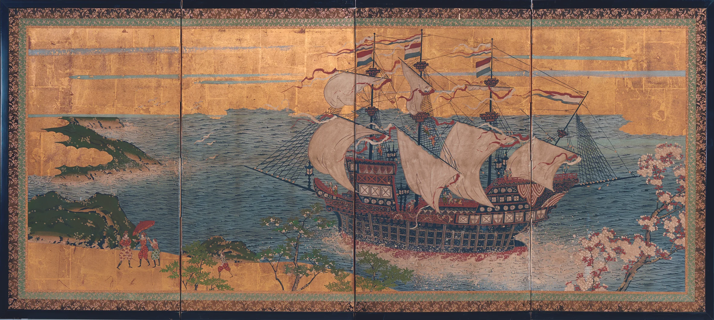 Japan Dutch trading ship in Japanese waters c.1870 four-panel screen, opaque watercolour, ink and gold on paper 67.5 x 138.0 x 11.0 cm Kerry Stokes Collection, Perth