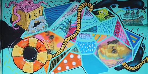 Bilgoman Pool bus shelter detail created in a FUSION Art Project workshop with street artists Dan Duggan and Bruno Booth