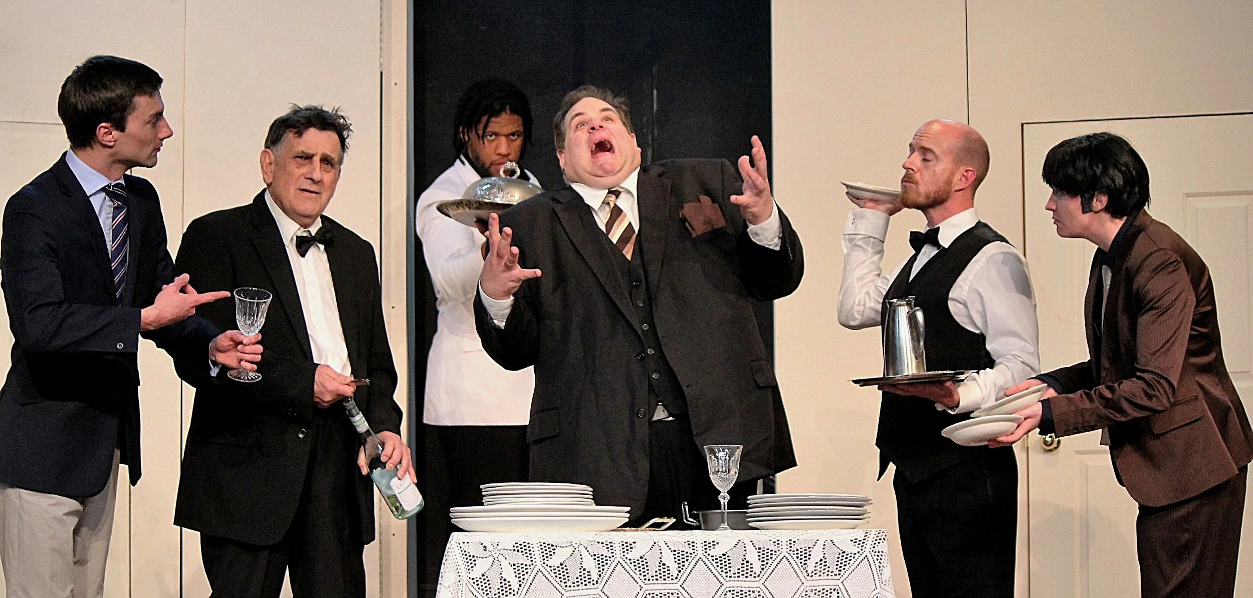 guvnors2: Sean Bullock, Don Callison, Amri Mrisho, Chris Bedding, Warren McGrath, Sarah Christiner in One Man, Two Guvnors .
