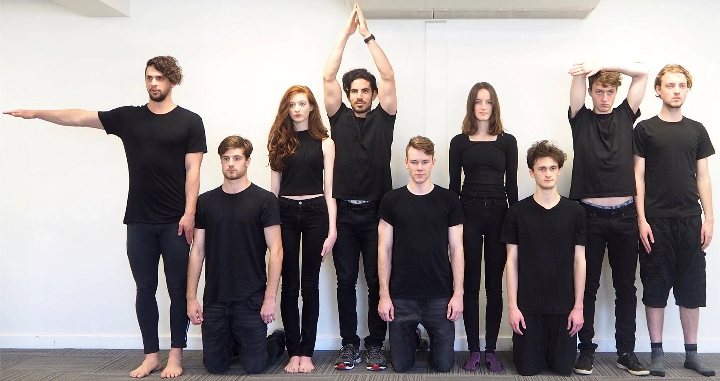 Daniel Moxham, left, Nicholas Allen, Lauren Thomas, Christian Tomaszewski, Zach Clifford, Grace Chapple, Ben Costantin, Andrew Dunstan and Quintus Olsthoorn play 46 characters in The Brick and The Rose .