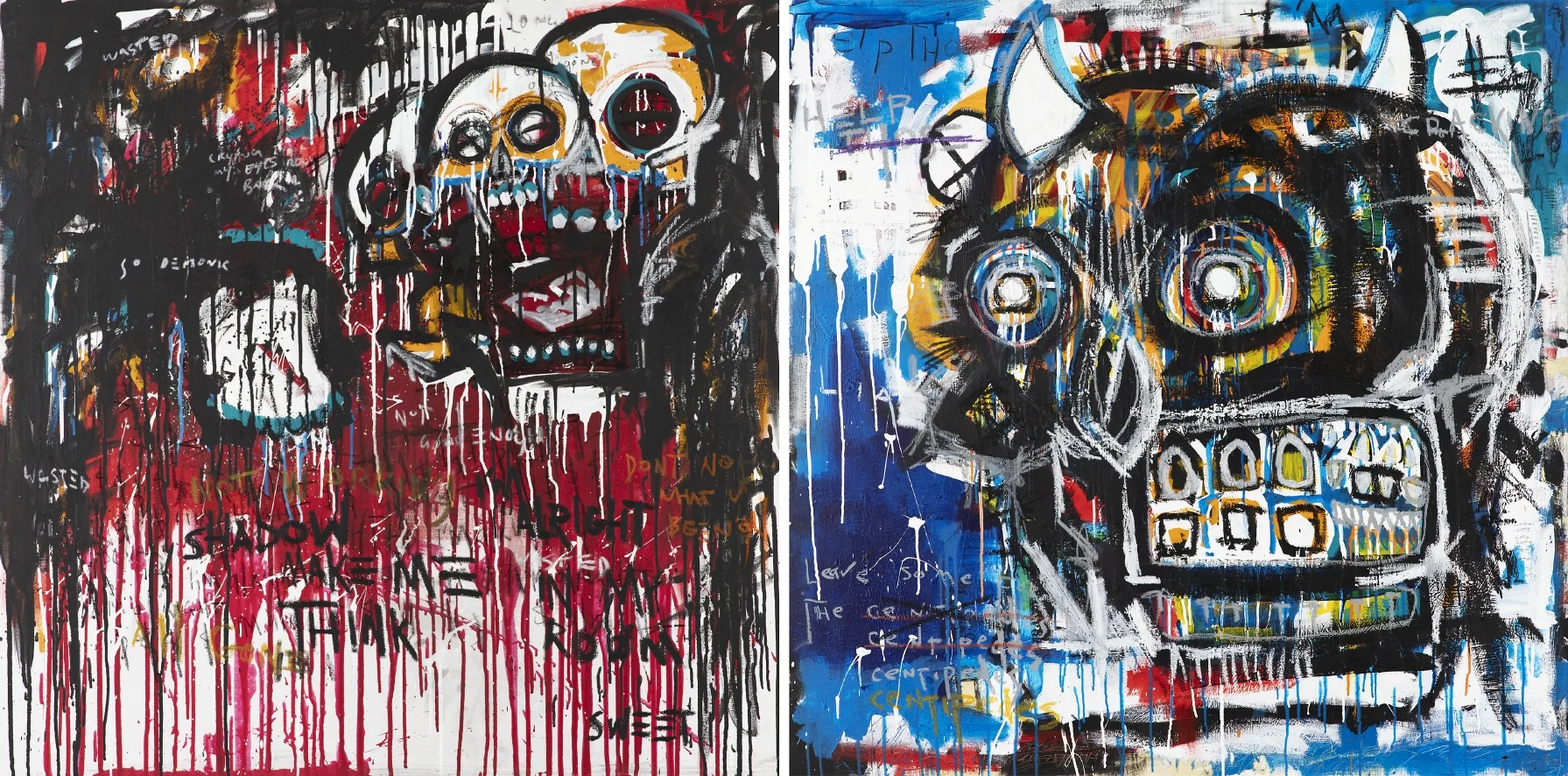 Brandt Jesnoewski Untitled 2018 . Mixed media on canvas , two parts: 120 x 119 cm; 120 x 120.5 cm . Governor Stirling Senior High School .