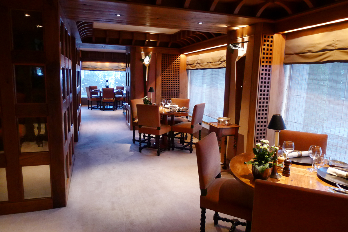 The Dining Room where we ate breakfast every morning. The velvets used on the upholstery were a really nice touch in combination with the weather outside and the wood all around.
