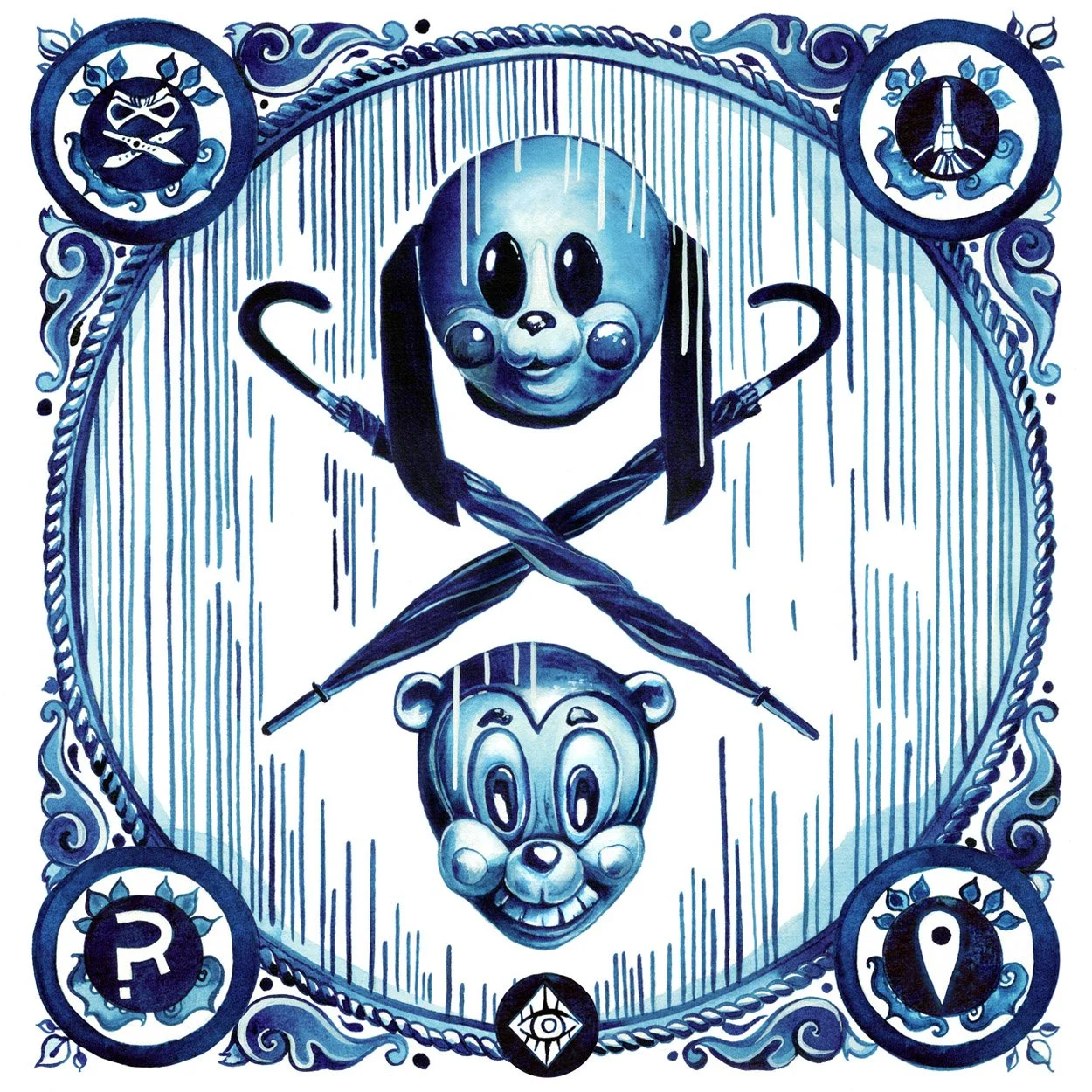 The Umbrella Academy artwork by Anna Sokolova for Netflix Originals, featuring two stylized masks, crossed umbrellas, and symbolic emblems in a blue-and-white ornamental composition.