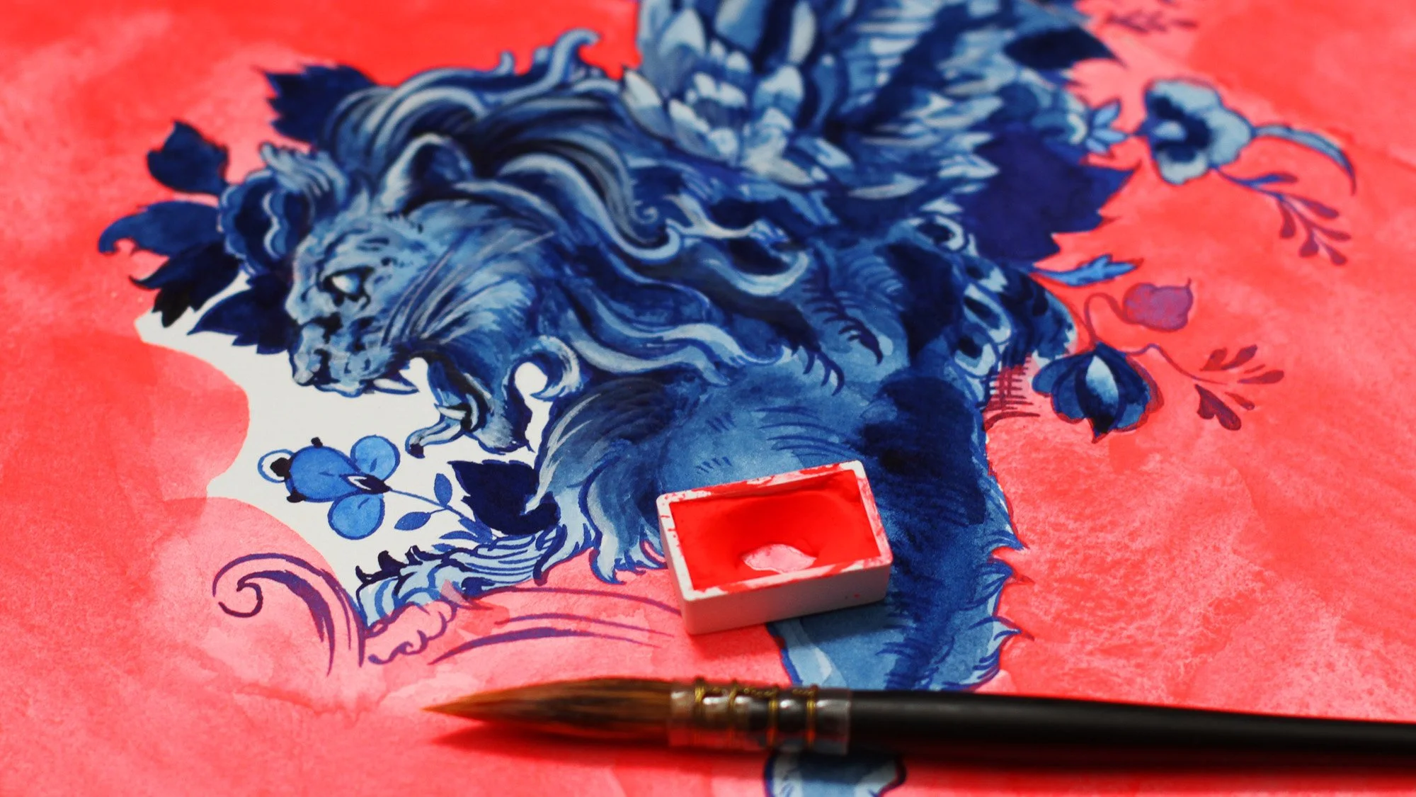 new contemporary Blue Lion illustration in ink and watercolor in sketchbook