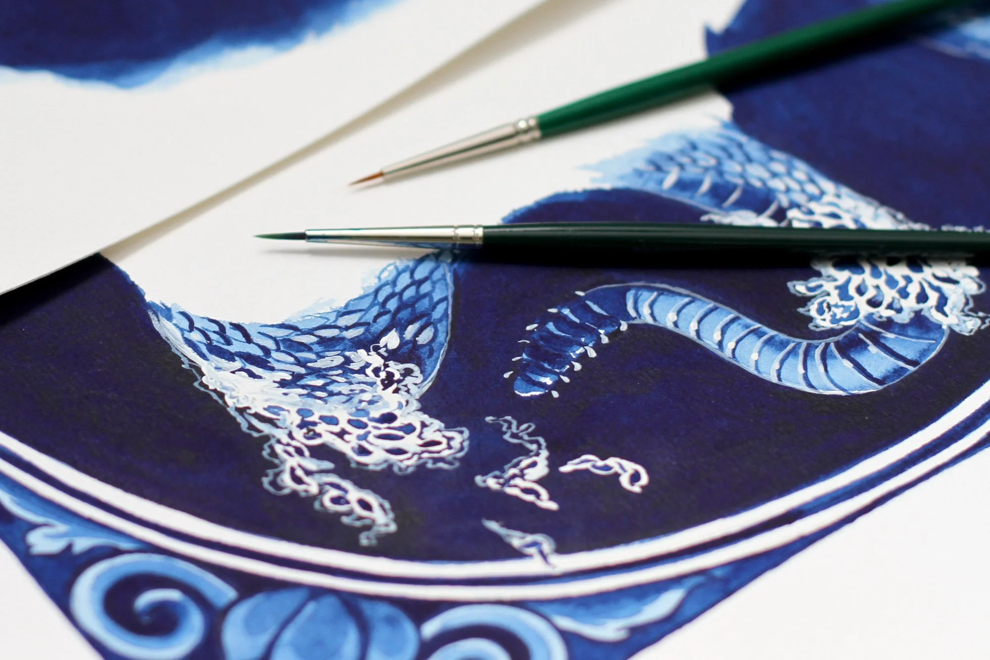 Detail of the Altered Carbon artwork featuring hand-painted serpentine ornamentation and fine watercolor brushwork in Anna Sokolova's Contemporary Delft Blue style.
