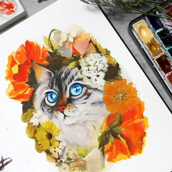 Magical storytelling illustration featuring a watercolor cat portrait surrounded by flowers, created with watercolor, ink, and Procreate.
