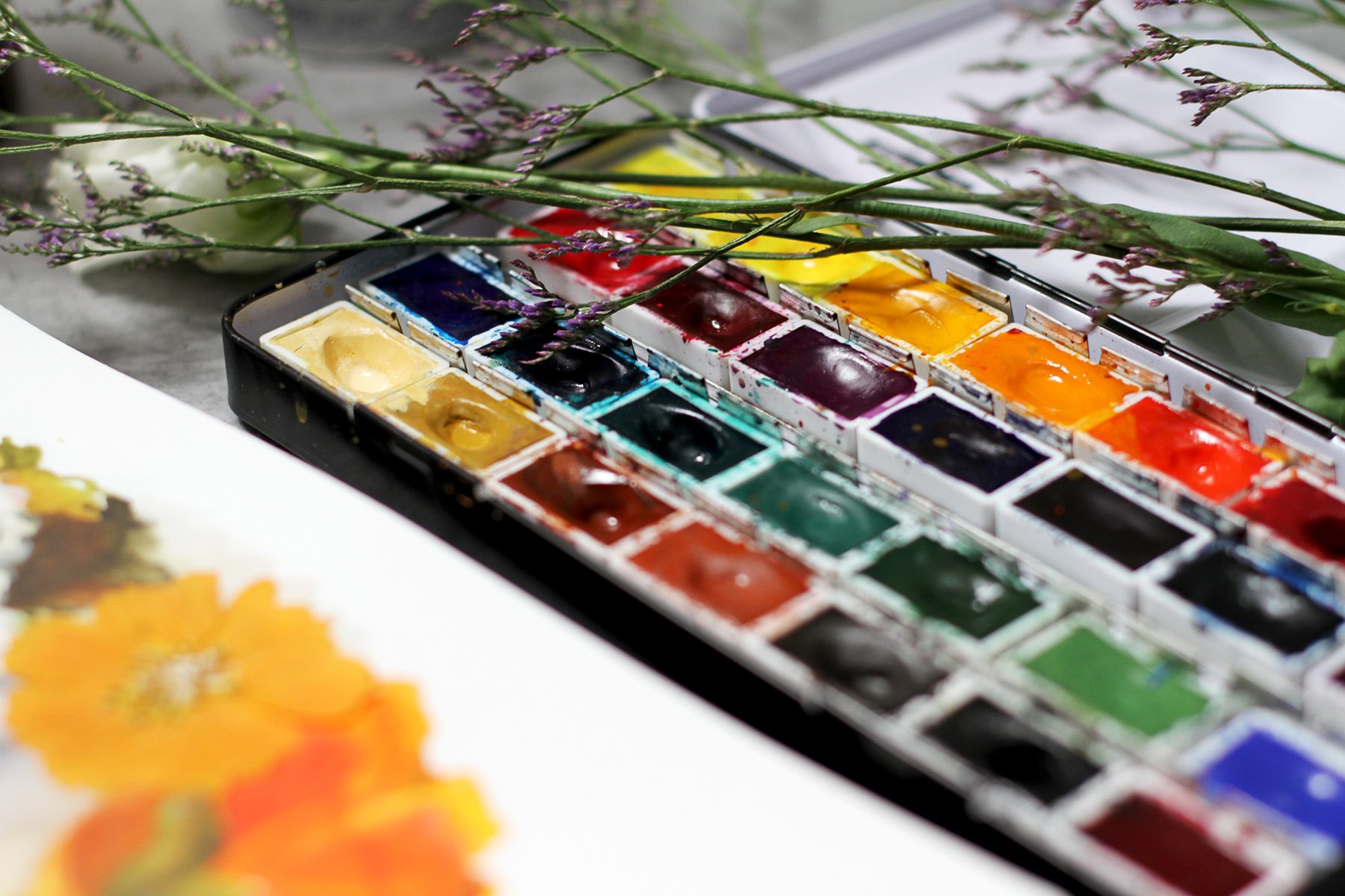Watercolor palette for cats and flowers sketchbook