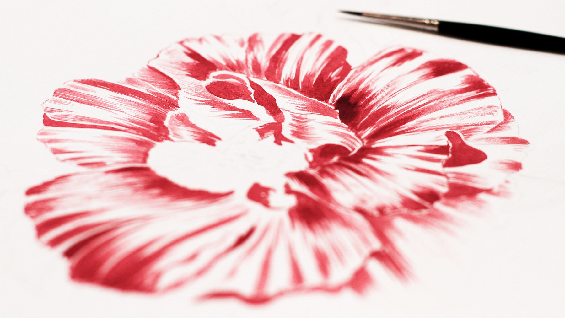Red flower painting in progress showing layered brushstrokes and white paper center.