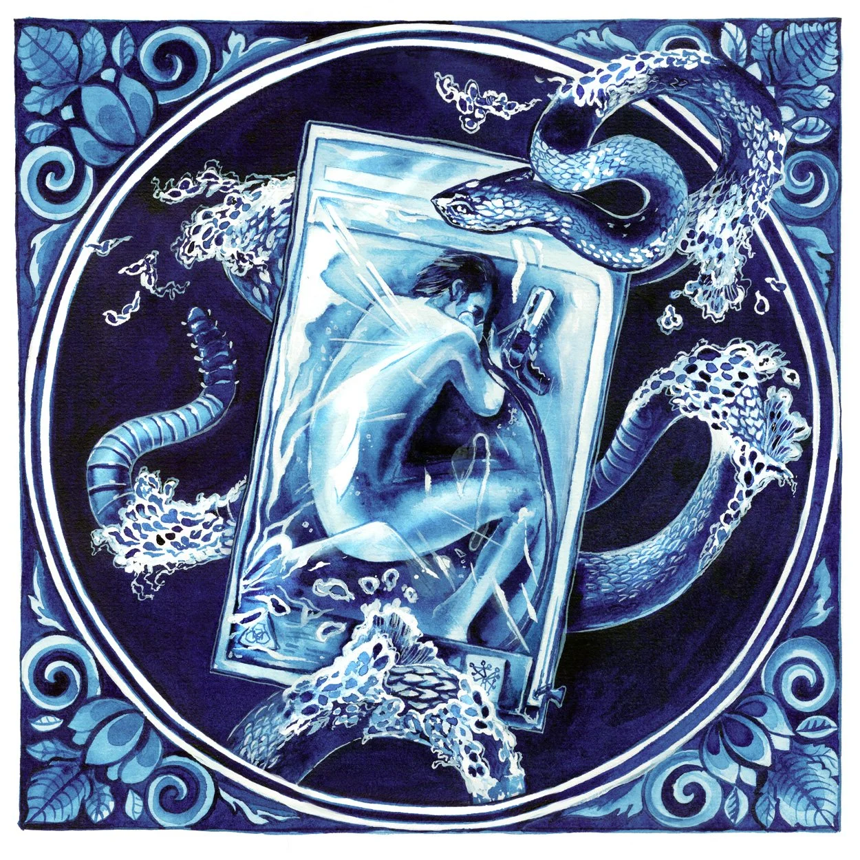 Hand-painted Altered Carbon artwork inspired by the Netflix series, featuring a suspended figure surrounded by serpentine forms in Anna Sokolova's Contemporary Delft Blue style.