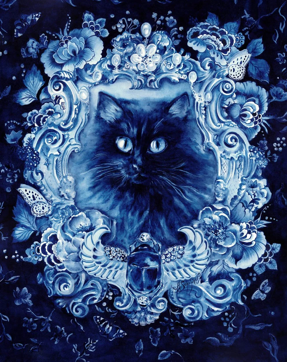Behemoth from The Master and Margarita by Mikhail Bulgakov. Contemporary Delft Blue painting featuring the mystical black werecat framed by ornate floral motifs and a scarab symbol, created in tempera, watercolor, and gouache on cotton rag paper.