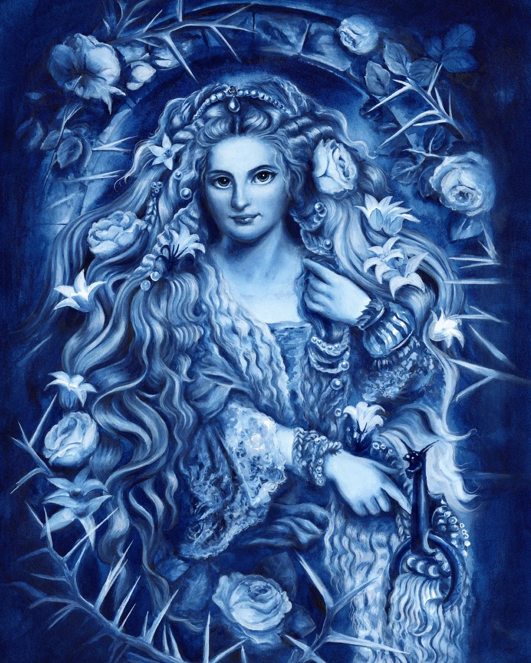 Blue-and-white fantasy painting inspired by the medieval poem The Romance of the Rose, showing a young woman surrounded by roses, lilies, thorny branches and ornate floral symbolism.