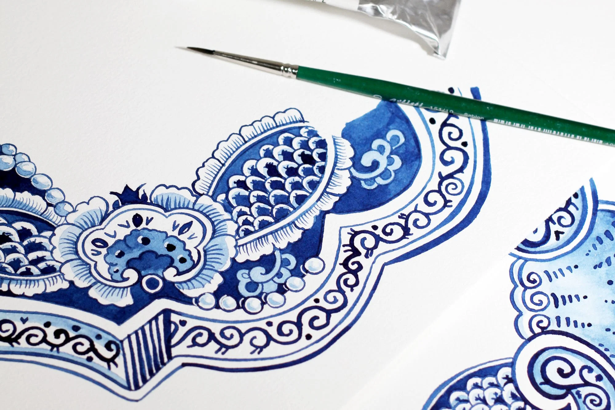 Detail of contemporary Delft Blue ornamentation and decorative border from The Crown Netflix inspired mixed-media artwork.