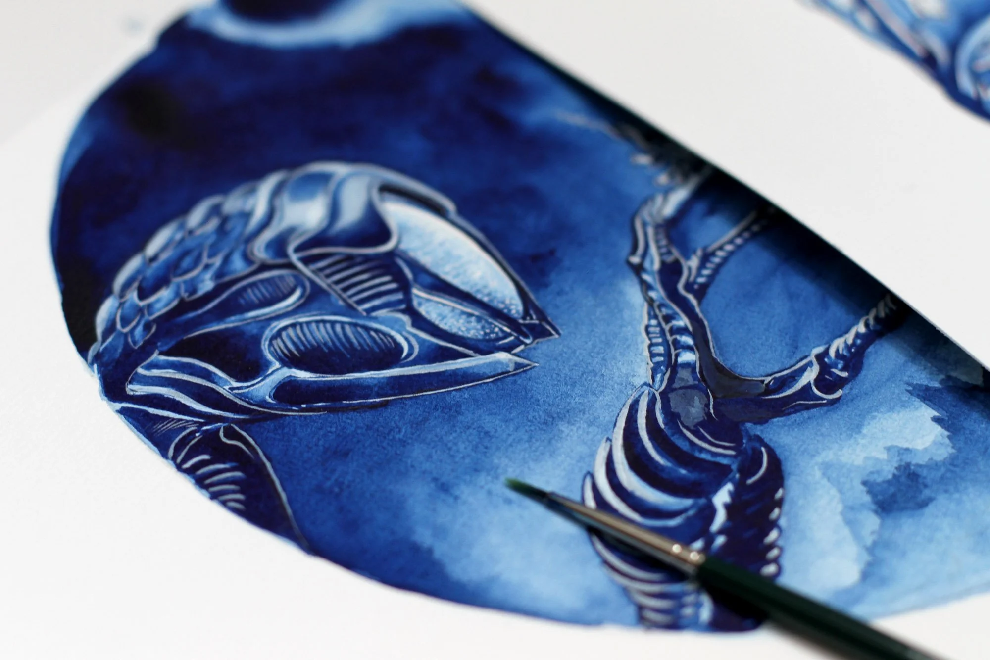 Detail of the hand-painted Lost in Space illustration featuring the alien robot and mechanical claw, rendered in layered watercolor and ink with Contemporary Delft Blue ornamentation.