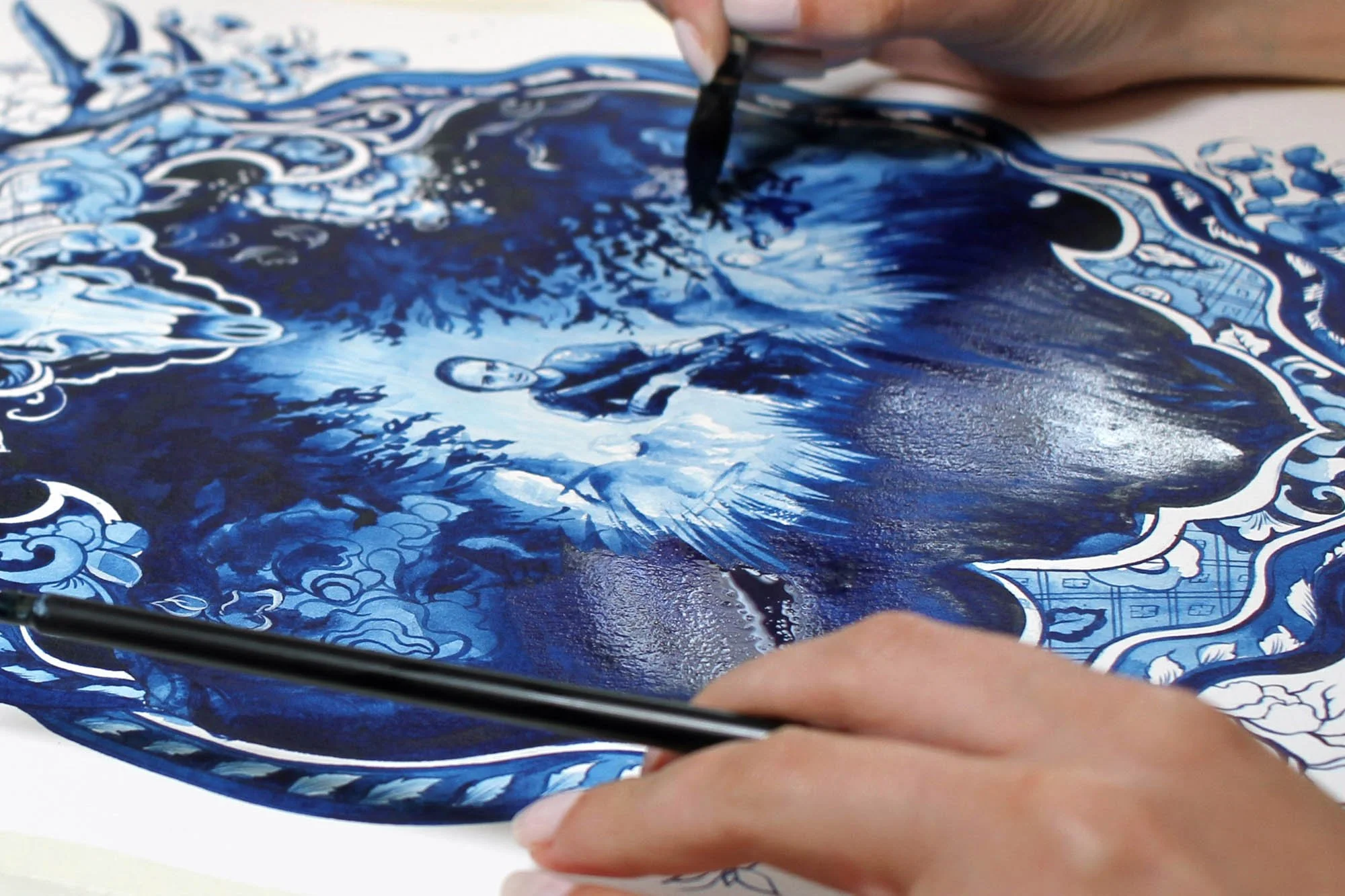 Detail of Annihilation by Anna Sokolova showing atmospheric forest imagery, Delft Blue ornamentation and mixed-media brushwork.