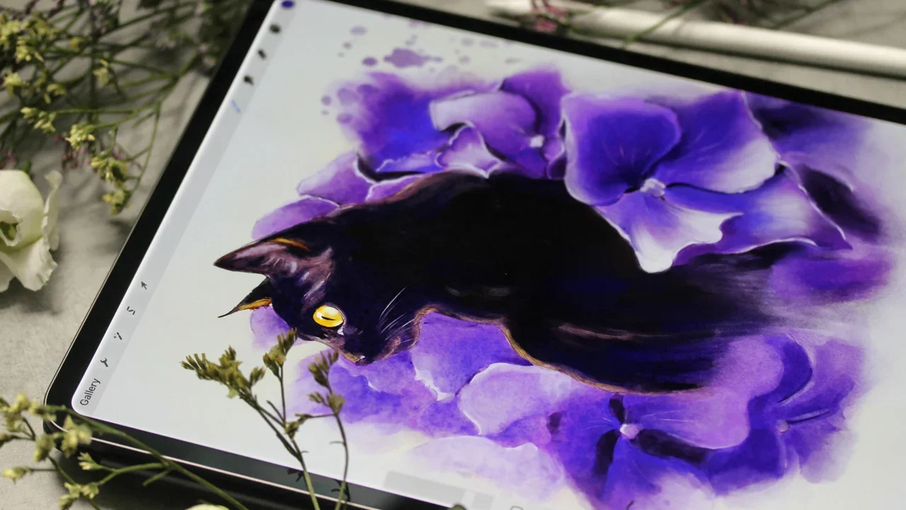 Vlack cta digital artwork surrounded by hydrangea in procreate