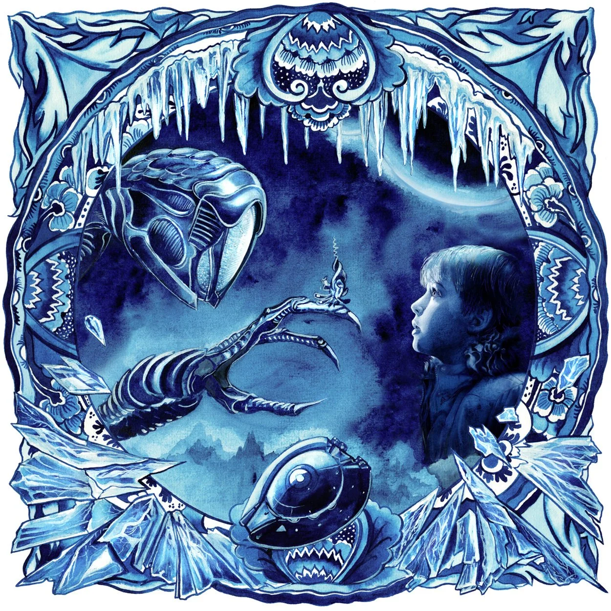 Hand-painted Lost in Space illustration inspired by the Netflix Original series, featuring a child facing an alien robot, icy landscapes and Contemporary Delft Blue ornamentation in watercolor and ink.