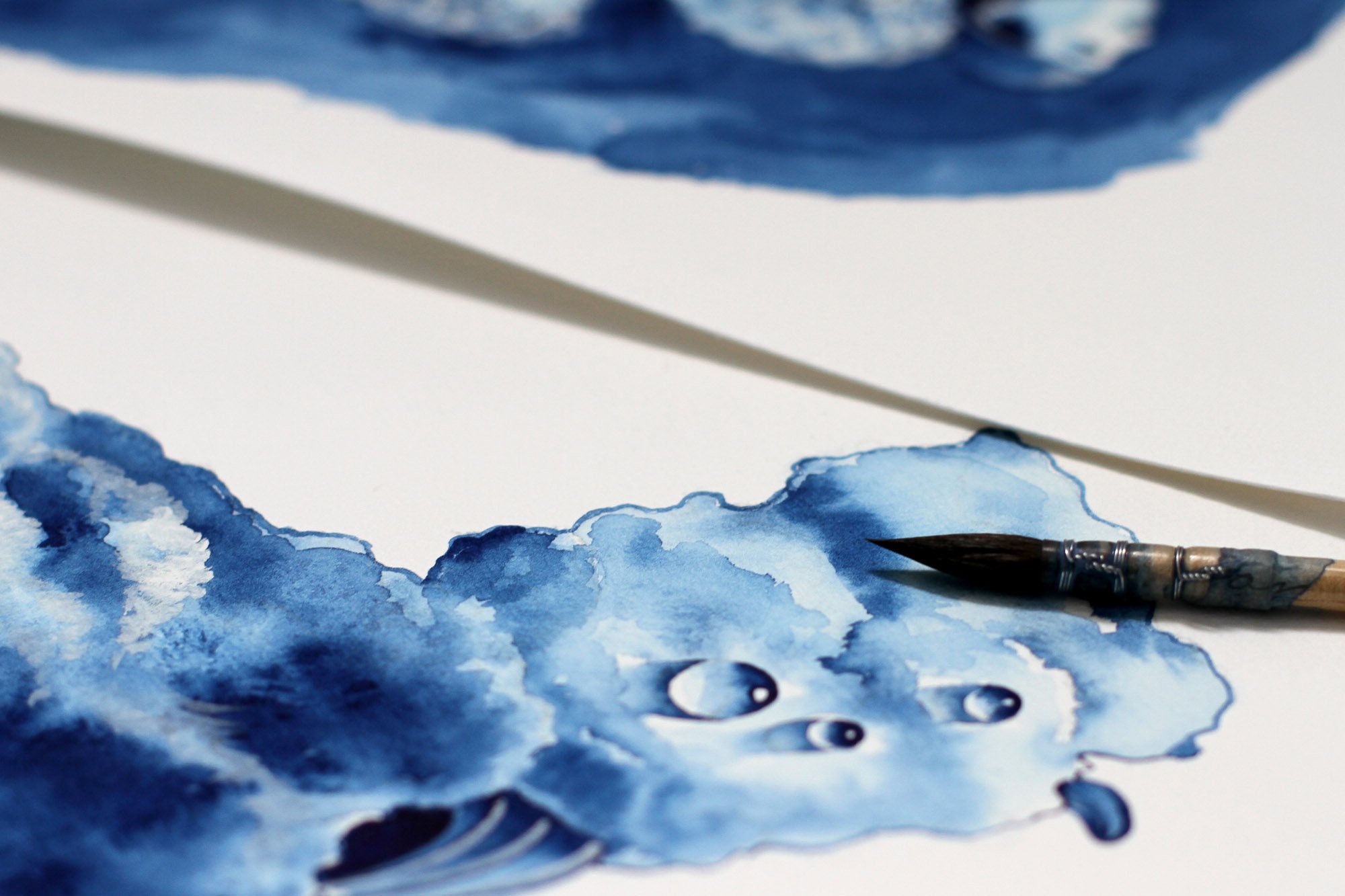 Close-up of watercolor cloud textures and rain droplets from The Rain Netflix inspired artwork painted in contemporary Delft Blue style.