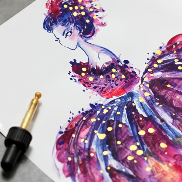 Monotype artwork of a dancer created with gouache and ink, showing expressive textures and layered colors, from the Modern Monotype Magic class using traditional and Procreate techniques.