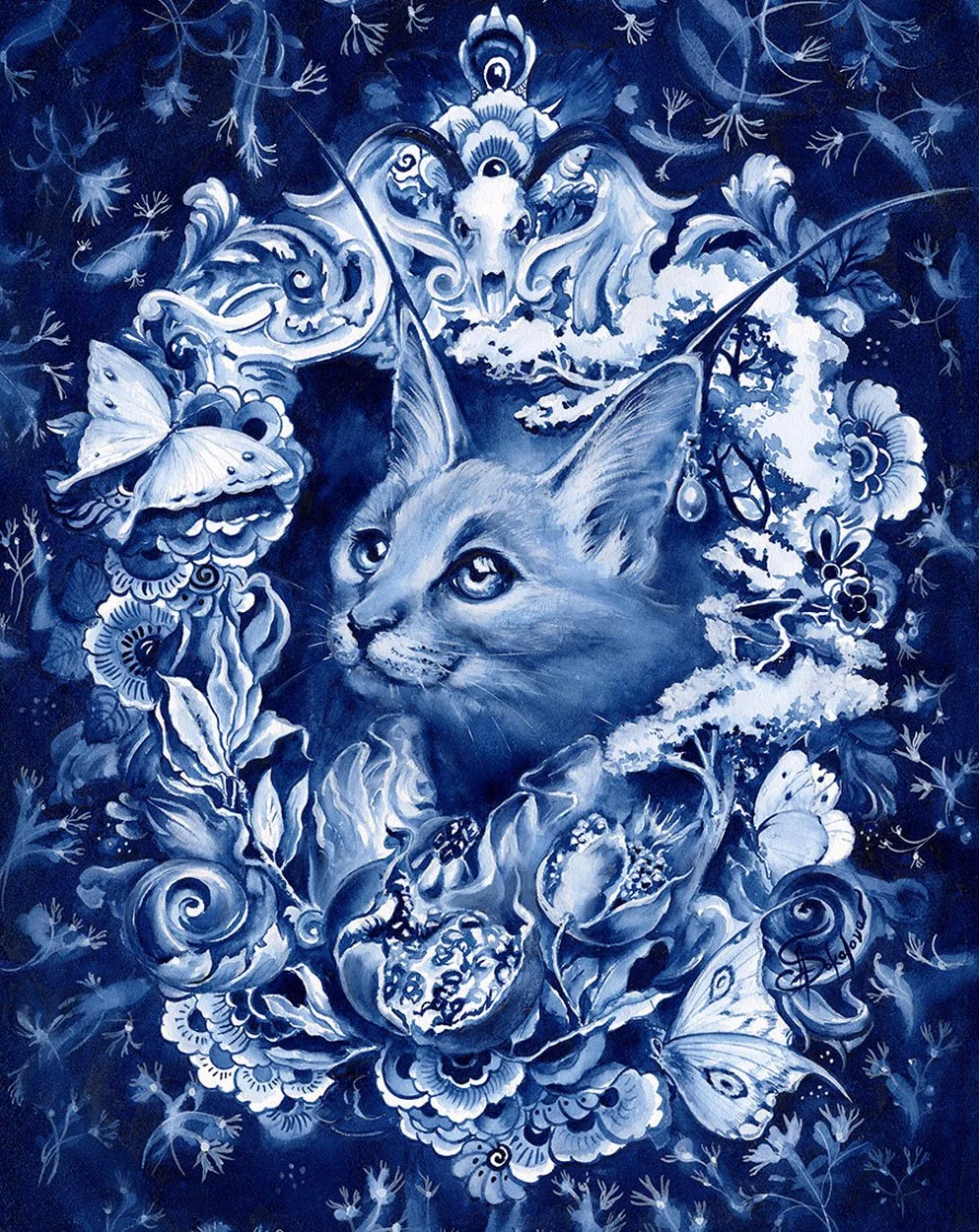Persephone mythological cat painting in contemporary Delft Blue style by Anna Sokolova, featuring pomegranates, butterflies, flowers, and symbolic imagery inspired by Greek mythology and magical realism.