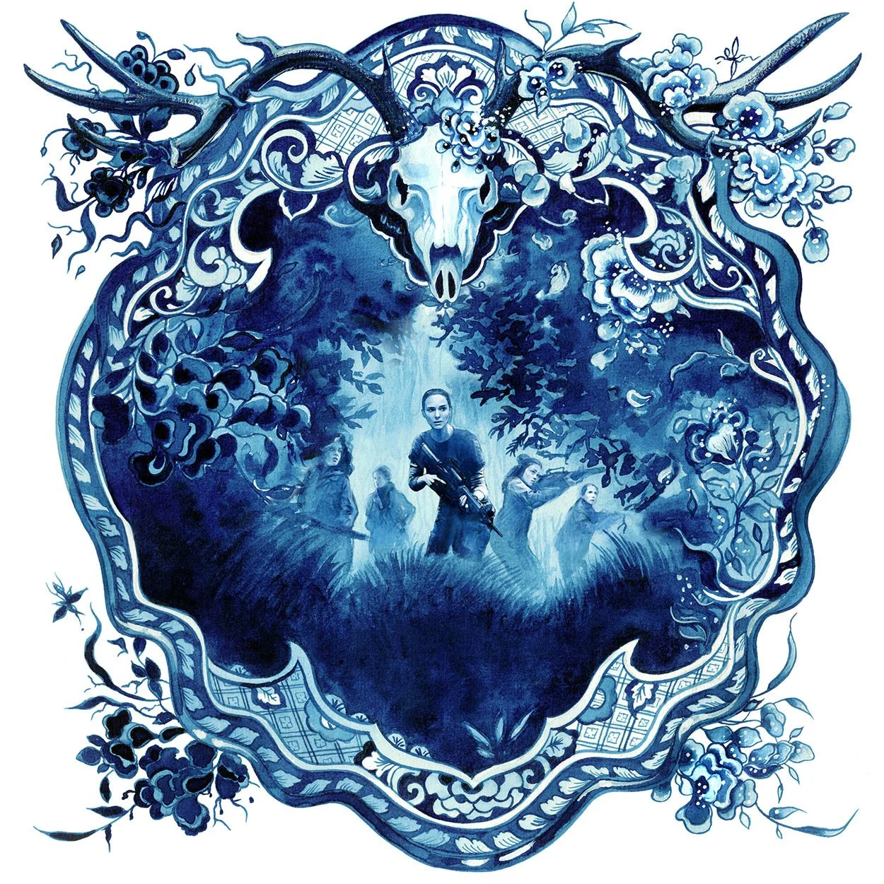Blue-and-white artwork inspired by Netflix’s Annihilation, featuring a forest scene framed by ornate botanical forms and animal skull motifs, from Anna Sokolova’s Netflix Originals series.