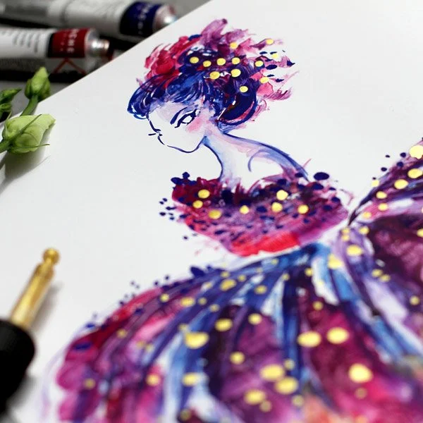 Expressive ink and monotype illustration of a dancing figure, created with colored inks, gouache, and traditional printmaking techniques.