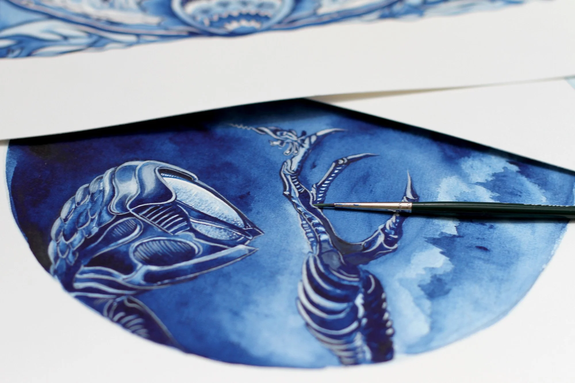 Close-up of the Lost in Space Netflix artwork in progress, showing watercolor brushwork on the alien robot and mechanical claw in Anna Sokolova's Contemporary Delft Blue style.