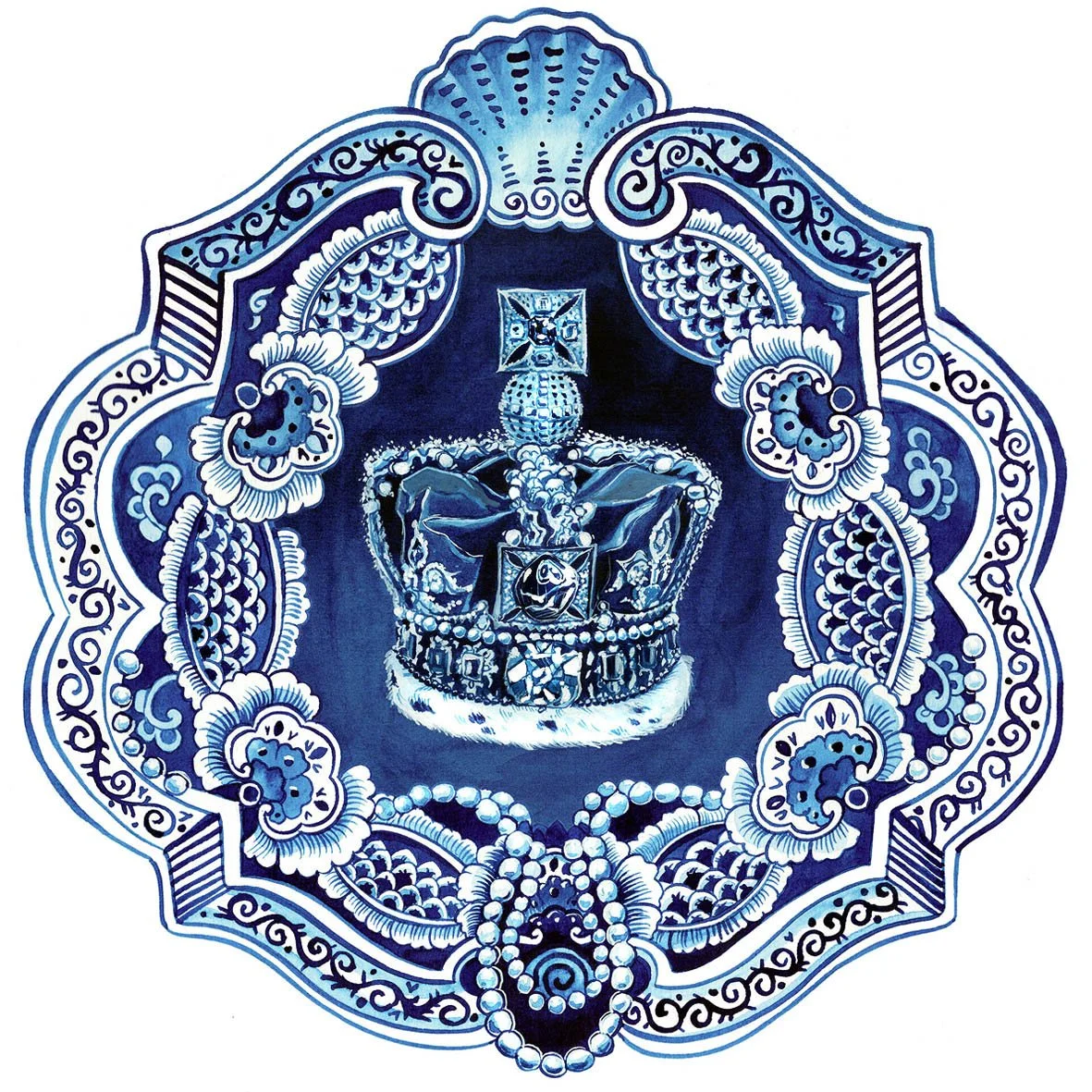 The Crown Netflix Original inspired artwork featuring the Imperial State Crown surrounded by pearls and contemporary Delft Blue ornamentation, painted in watercolor, tempera, and gouache by Anna Sokolova.