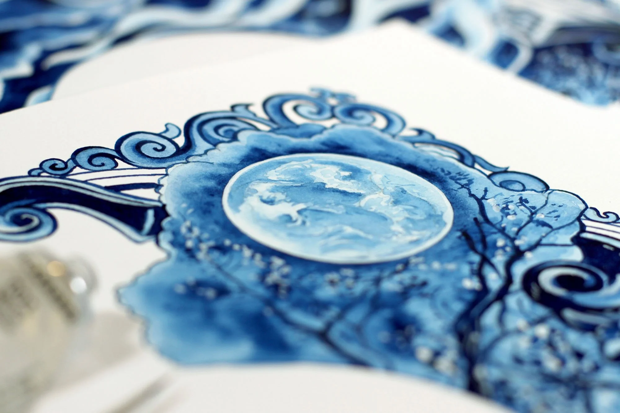 Detail of the full moon motif from The Witcher inspired artwork in contemporary Delft Blue style, combining fantasy symbolism, folklore, and cinematic storytelling.