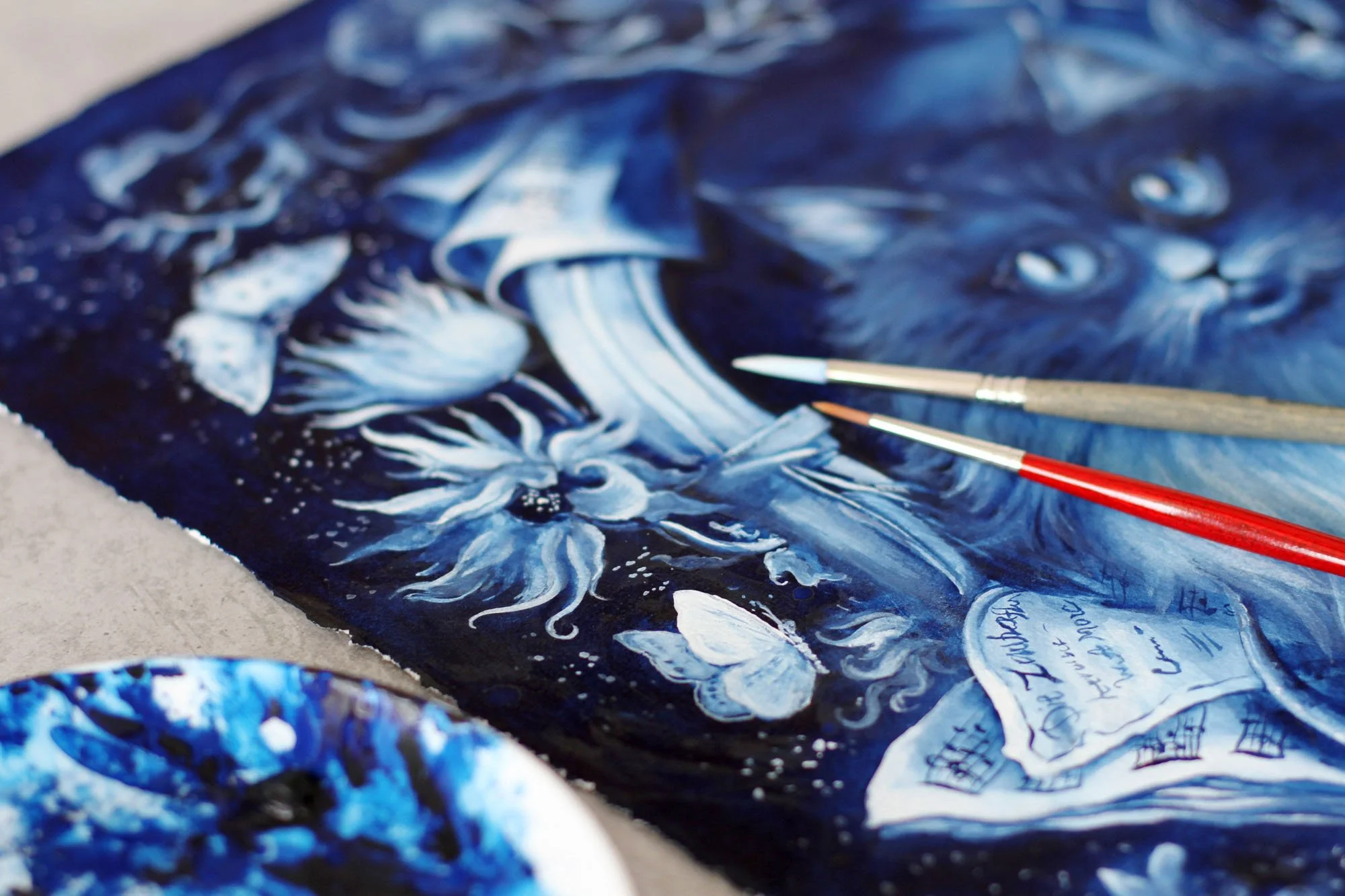 Detail of Tomcat Murr by Anna Sokolova showing Delft Blue brushwork, musical manuscripts, flowers and literary symbolism during the painting process.