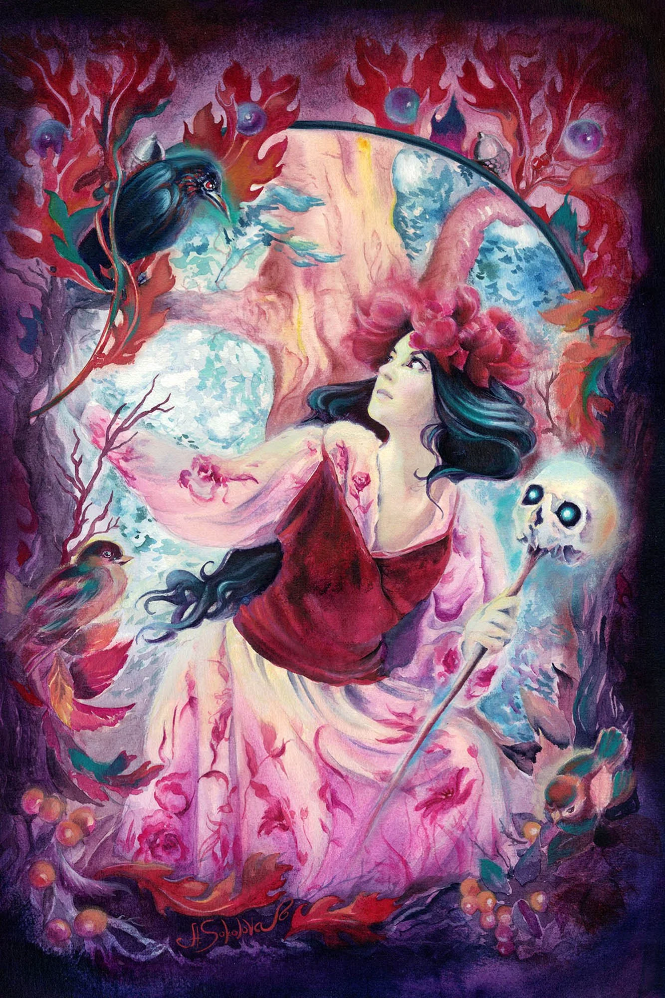 Fantasy artwork inspired by the fairy tale Vasilisa the Beautiful, showing Vasilisa with a glowing skull lantern, surrounded by birds, flowers, forest shapes and dark folklore symbolism.