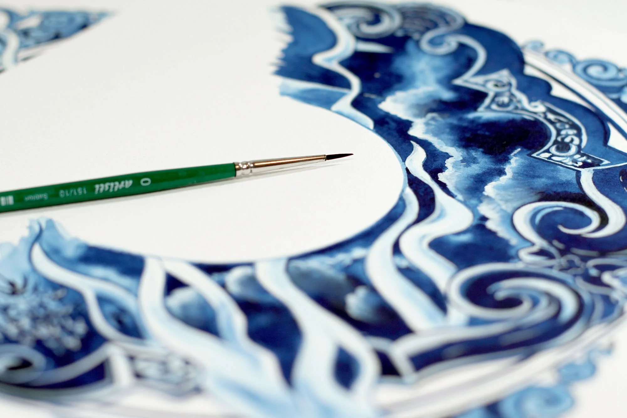 Painting process detail from The Witcher Netflix Original artwork by Anna Sokolova, featuring contemporary Delft Blue ornamentation, moonlit clouds, and mixed-media techniques.