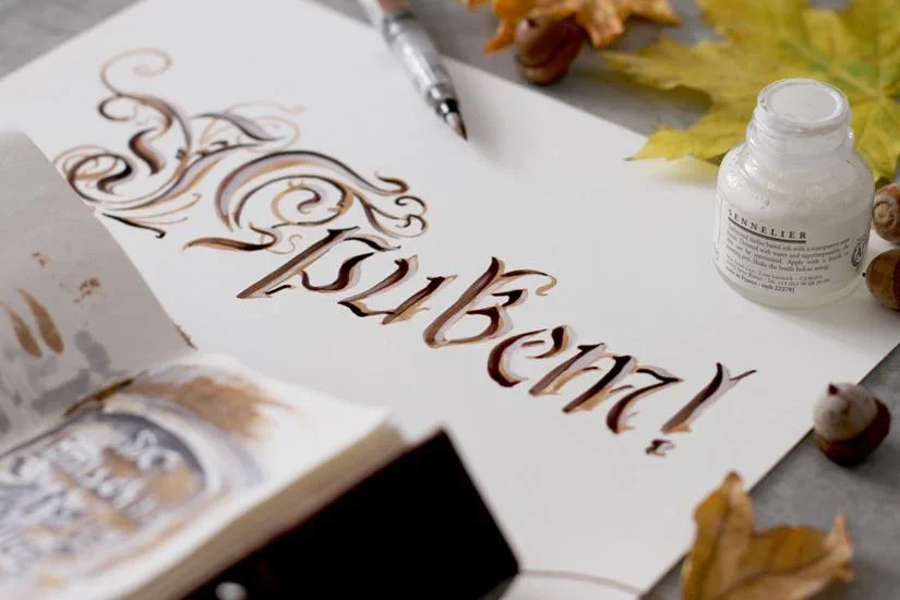 Vintage inspired lettering Privet with colored oak inks