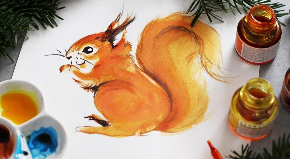 Hand painted colored inks squirrel on cotton paper