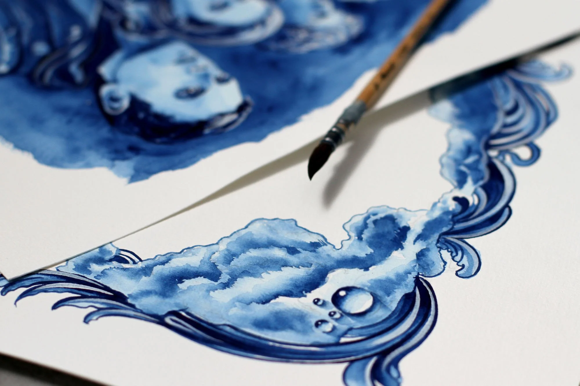 Painting process detail showing watercolor cloud studies and decorative Delft Blue ornamentation for The Rain Netflix inspired artwork.