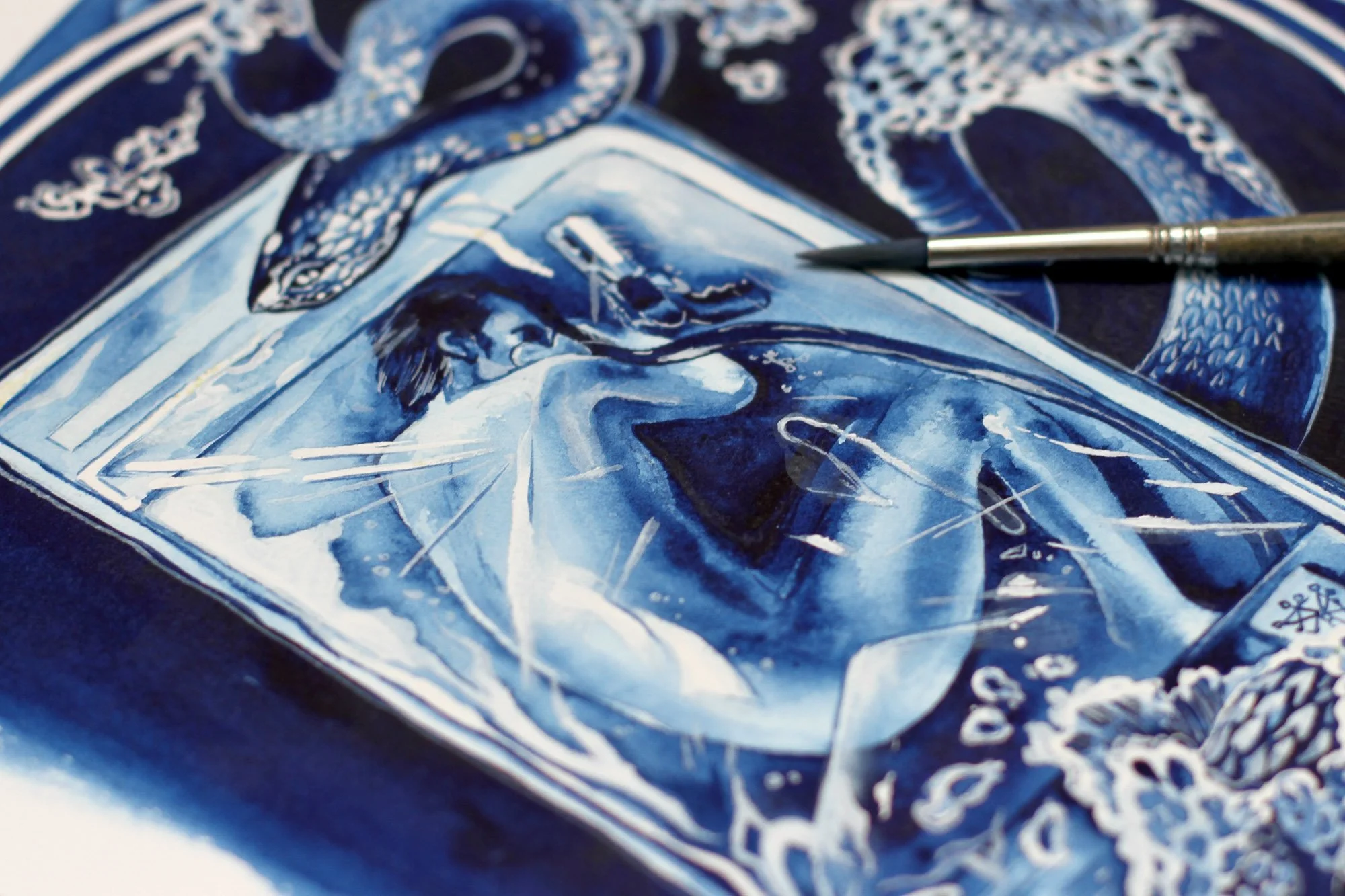 Close-up of the Altered Carbon artwork by Anna Sokolova, showing a suspended figure inside a futuristic capsule with serpentine details in Contemporary Delft Blue style.